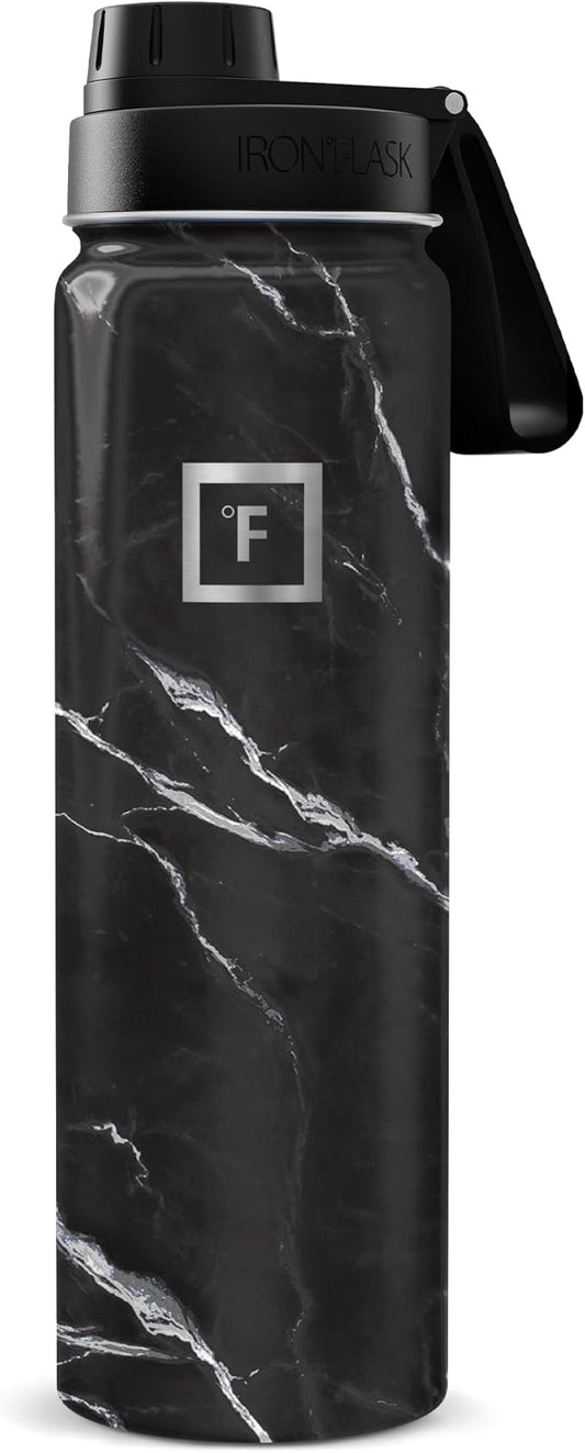 IRON °FLASK 24 oz Wide Mouth Water Bottle with Spout | Insulated Stainless Steel Sports Water Bottle with Leakproof Spout Lid - BPA Free, Cold 24 Hrs, Sweat Free (Black Marquina)