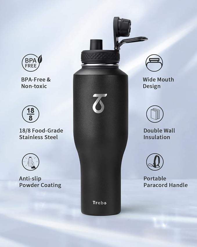 Trebo 40 oz Water Bottle Insulated Fit in Any Car Cup Holder with 2 Lids | Stainless Steel T-shape Tumbler with Paracord Handle, Triple Wall Vacuum Copper Plated, Cold 48 Hrs for Travel, Wide Mouth