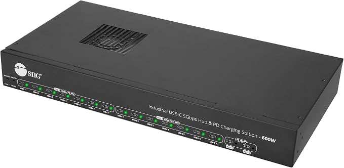 SIIG Industrial 16-Port 600W USB-C PD Charging Station, ID-US0B11-S3 | Charge 16 USB-C devices and transfer data at 5Gbps; two 100W ports, 14 30W ports and auto fan support IT fleets.