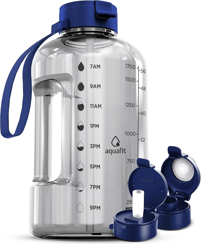 AQUAFIT Half Gallon Water Bottle with Time Marker | BPA Free Half Gallon Water Bottle with Straw and Chug Lids - Leakproof Gym Water Bottle with Carry Handle (Clarity)