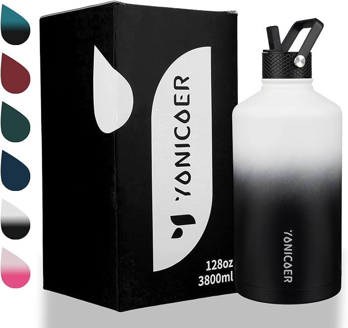 Insulated Water Bottle 128oz,Triple Wall Vacuum Stainless Steel(Dishwasher Safe),Leak Proof & Non-BPA,Flask Jug with Paracord Handle & Straw Spout Lids Sports Gradient black