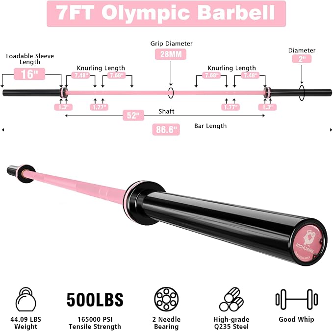 7ft Olympic Barbell 28mm 45lb – 500/700/1000LB Bar for Home Gym | Ceramic coated steel. Smooth spinning sleeves. Fits 2" plates. For snatch, clean and jerk, squats, deadlifts, bench press.