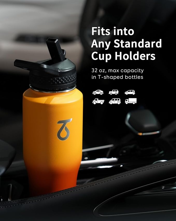 Trebo 32 oz Water Bottle Insulated Fits in Any Car Cup Holder with 2 Lids | Stainless Steel T-shape Tumbler with Paracord Handle, Triple Wall Vacuum Copper Plated, Cold 48 Hrs for Travel, Leakproof