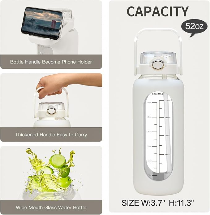 chunmo 42oz/52oz/64oz Glass Water Bolttles with Straw Half Gallon Large Motivational Water Bottle with Time Marker Sports Water Bottles with Silicone Sleeve and Handle Lid Water Jug for Gym Workout