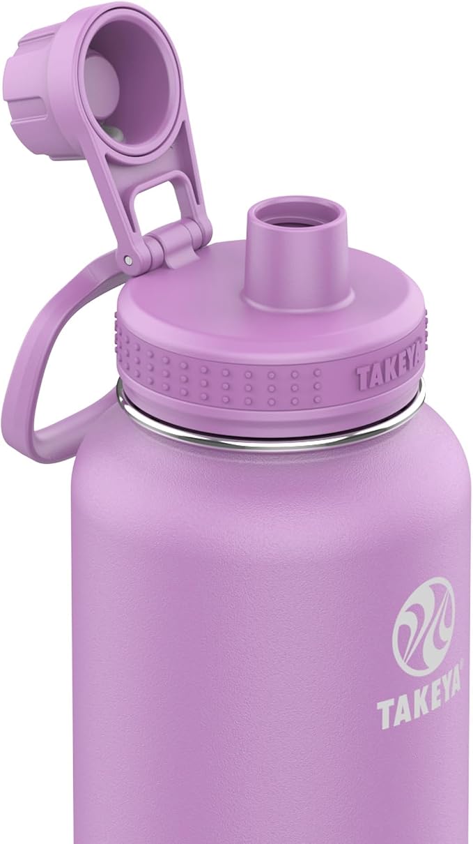 Takeya Actives Stainless Steel Water Bottle, Insulated Spout Lid, Keeps Drinks Cold 24 Hrs, Leakproof, Durable, Dishwasher Safe, Ideal for Gym, Travel, Fits Most Cup Holders, 32 oz/Lilac