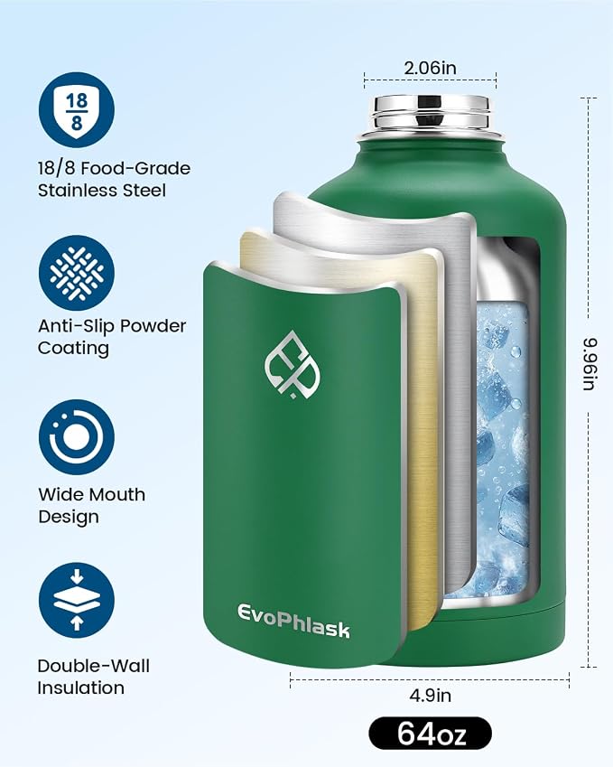 Insulated Water Bottle 64 oz with Carrier Bag, Green | Stainless Steel, Vacuum Insulated Keep Cold 48 Hrs, Half Gallon Large Water Jug, For Travel, Sport, Gym, Hiking
