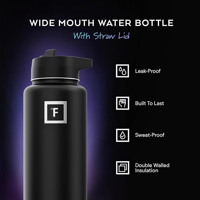 IRON °FLASK 32 oz Wide Mouth Water Bottle with 3 Lids | Insulated Stainless Steel Sports Water Bottle with 3 Leakproof Lids - BPA Free, Cold 24 Hrs, Sweat Free (Midnight Black)