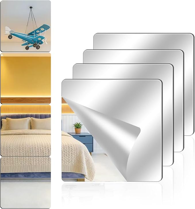 4 Pack Acrylic Mirrors for Wall,8 x 8 Inch Self Adhesive Frameless Small Mirror Tiles, Flexible Plastic Mirror Sheets for Bedroom Home Gym Door (4Pcs 8×8inch)