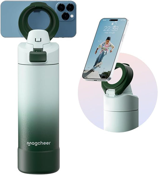Insulated Magnetic Water Bottle - Reusable Stainless Steel Bottle with MagSafe Compatible Phone Holder - Keeps Cold for 24 Hours - Perfect for Gym, Sports, and Travel - Gradient Green 24oz