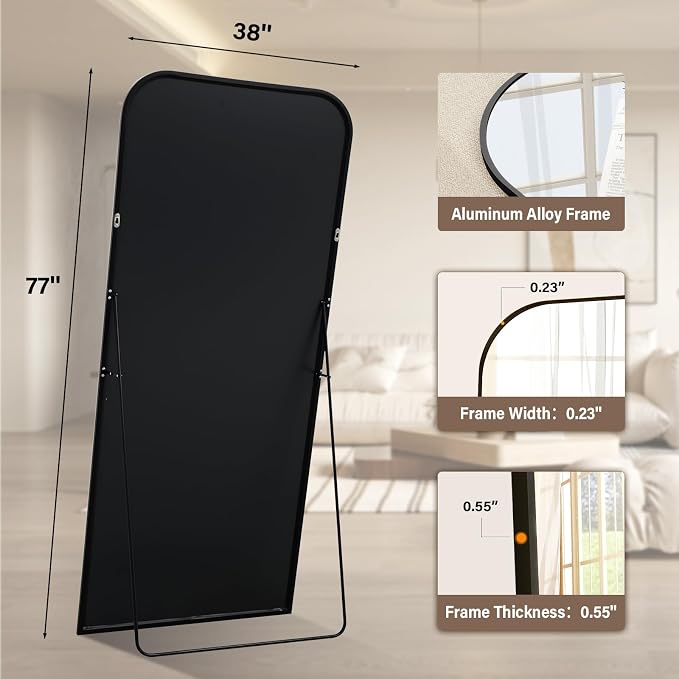 XRAMFY 77"x38" Full Length Mirror - Large Floor Standing & Wall Mountable Full Body Mirror with Sturdy Aluminum Frame, Arched Top Design, Freestanding or Hanging for Bedroom, Cloakroom,Black