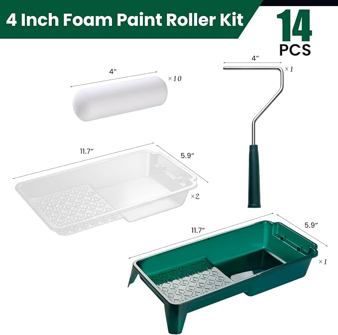 Foam Paint Roller Kit, 14 Pack, 4 Inch Small Paint Roller Covers | Rollers for Smooth Finish, Paint Tray Set with Frame, High Absorption, for Painting Walls, Furniture, Cabinets and Ceilings