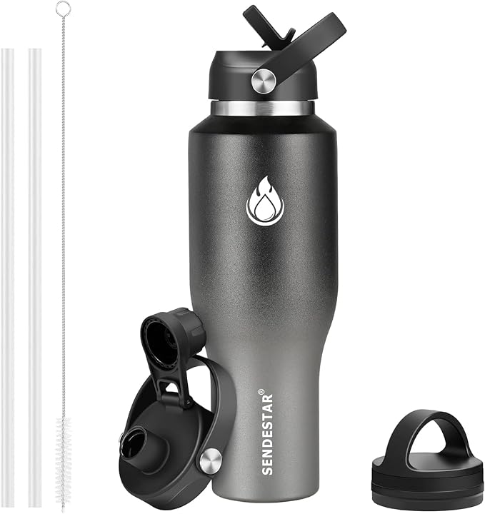 SENDESTAR 32oz Stainless Steel Water Bottle (Cold for 48 Hrs, Hot for 24 Hrs),Double Wall Vacuum Insulated Bottle with Straw Lid, Spout Lid and Flex Cap, Fit in Any Car Cup Holder