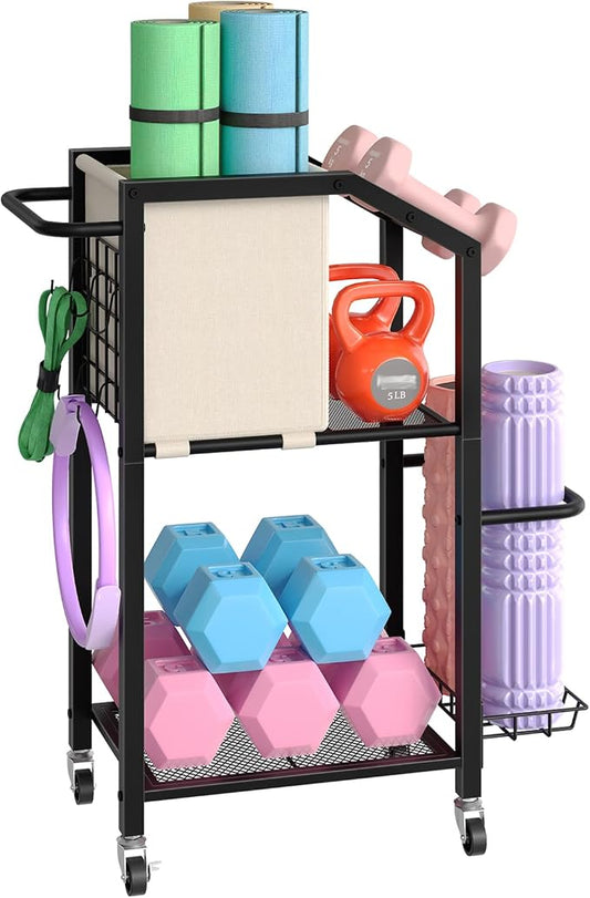 HOOBRO Dumbbell Rack, Weight Rack for Dumbbells, Yoga Mat Storage Rack, Home Gym Storage Rack for Dumbbells Kettlebells Foam Roller, Workout Storage Organizer with Wheels & Hooks