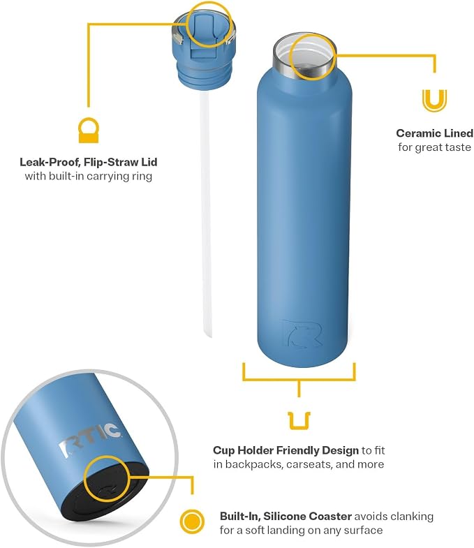 RTIC 26oz Journey Water Bottle Ceramic Lined Metal Stainless Steel Vacuum Insulated, BPA Free, Reusable, for Water, Hot and Cold Drinks, Travel, Sports, Camping, Denim