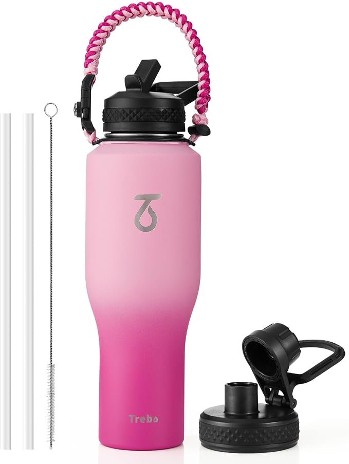 Trebo 40 oz Water Bottle Insulated Fit in Any Car Cup Holder with 2 Lids | Stainless Steel T-shape Tumbler with Paracord Handle, Triple Wall Vacuum Copper Plated, Cold 48 Hrs for Travel, Wide Mouth