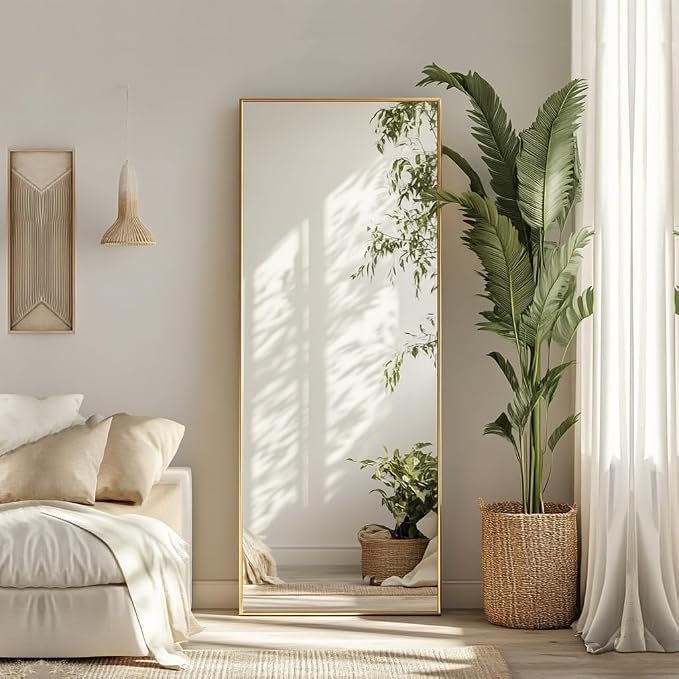 Gold Full Length Mirror 56x18 inch, Standing Mirror Full Length | Brushed Gold Metal Frame, High Definition Mirror, Rust-proof, Body Mirror for Bedroom, Living Room, Yoga Room, Gym.
