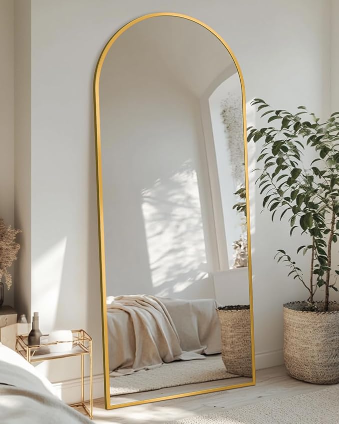 Full Length Mirror 58" L x 18" Full Body Standing Mirror for Bedroom, Living Room, Gym, Dorm - Shatter-Resistant & Easy Assembly, Arched Style Gold