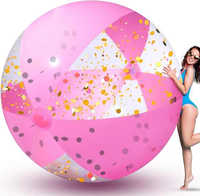 Sosation 78 Inch Giant Pink Inflatable Beach Ball 6.5 ft Large Glitter Beach Ball UV Resistant Jumbo Swimming Balls Clear Confetti with Repair Tape Floatable Balls for Swimming Pool Party Decor