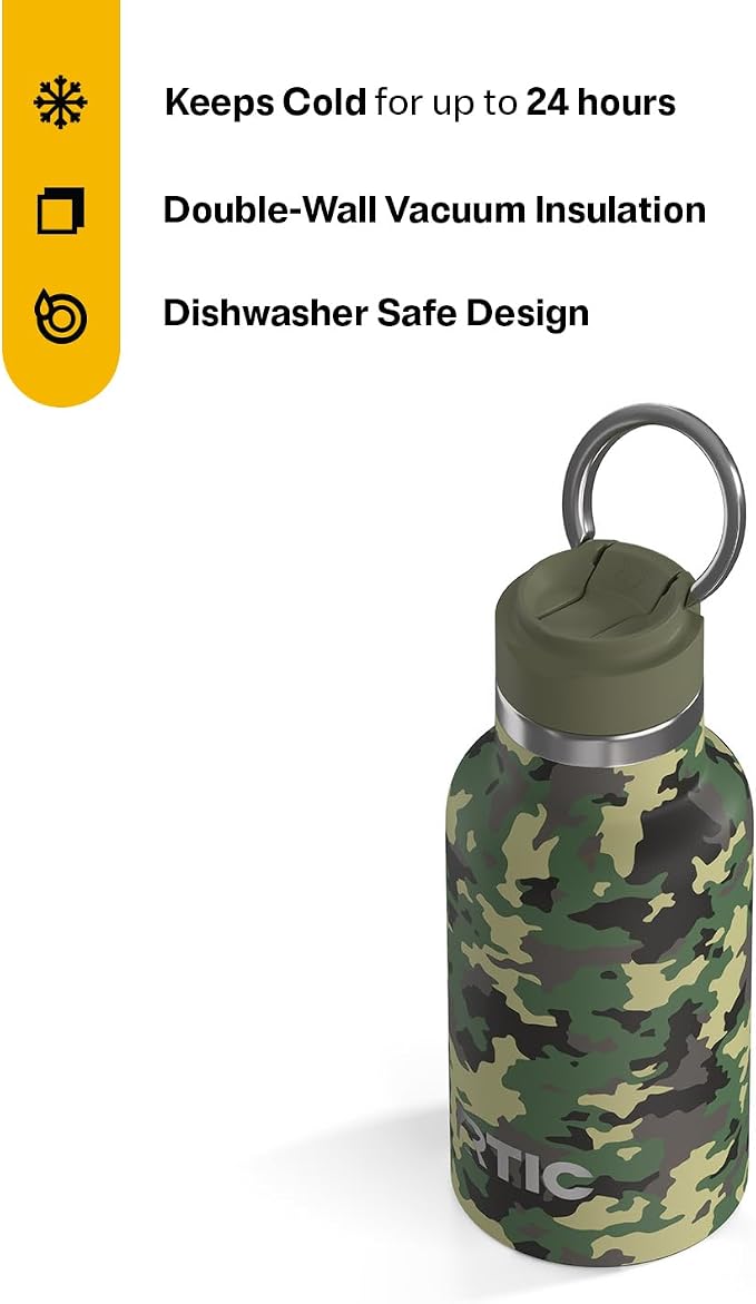 RTIC Little Journey Water Bottle with Straw, Ceramic-Lined, Insulated, Stainless Steel, Metal, Double Wall Vacuum-Insulation, Leak-Proof Lid, BPA-Free Water Flask for Sports, Travel, Digital Camo