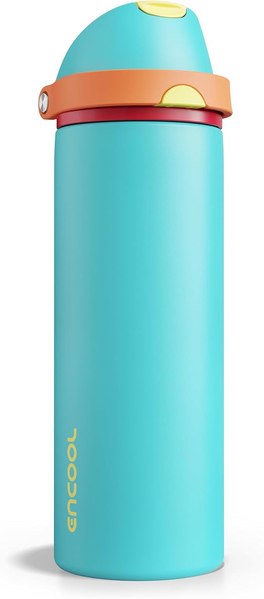Insulated Water Bottle with Straw - Encool Stainless Steel Water Bottle with Push Button Lid, Leak-Proof & BPA-Free, Keeps Cold for 24 Hours for Sports, Travel, Gym (24 oz, Cerulean Blue)