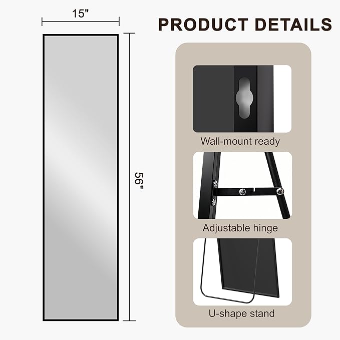 FICTOR Full Length Mirror with Stand, Floor Standing Mirror, 56"x15", Black | HD Shatterproof Glass, Free-Standing or Wall-Mounted, Full Body Mirror for Bedroom, Living Room, Dressing Room, Entryway