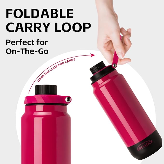 GREYLOCK 32 oz Insulated Water Bottle with Straw Lid, Leakproof Reusable Stainless Steel Vacuum Flask, 24hr Cold & Hot, Carry Handle & Silicone Spout, BPA-Free for Gym, Hiking, Travel, Red