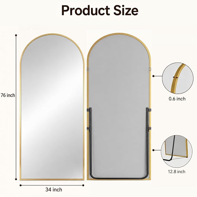 Antok Full Length Mirror, 76"x34" Floor Mirror with Stand, Hanging Mounted Mirrors for Bedroom, Living Room, Cloakroom, Dining Room, Gold, Arched