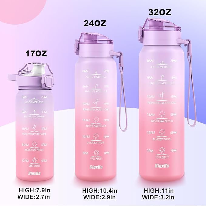 SLUXKE Stainless Steel Insulated Water Bottles 17oz with Handle, Double Wall Insulated Bottle with Time Marker BPA Free, 500ml Metal Water Flask for Outdoor Working School PURPLE PINK