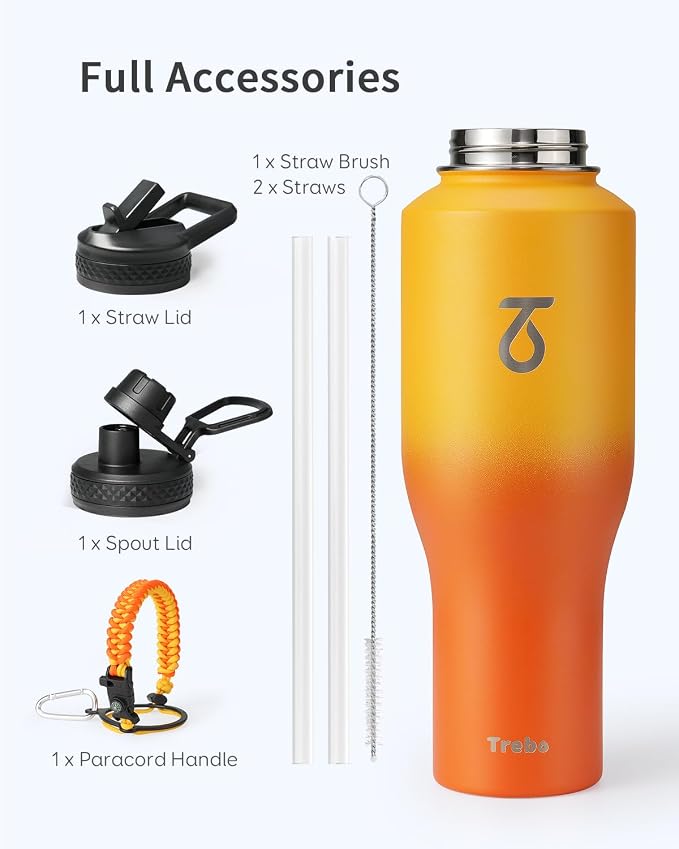 Trebo 40 oz Water Bottle Insulated Fit in Any Car Cup Holder with 2 Lids | Stainless Steel T-shape Tumbler with Paracord Handle, Triple Wall Vacuum Copper Plated, Cold 48 Hrs for Travel, Wide Mouth
