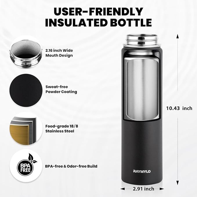 RAYMYLO Insulated Water Bottle 24 oz, Triple Wall Vacuum Stainless Steel | (Cold for 24Hrs, Hot for 12Hrs), Leak Proof & Non-BPA, Modern Water Flask Jug with Paracord Handle & Straw Spout Lids