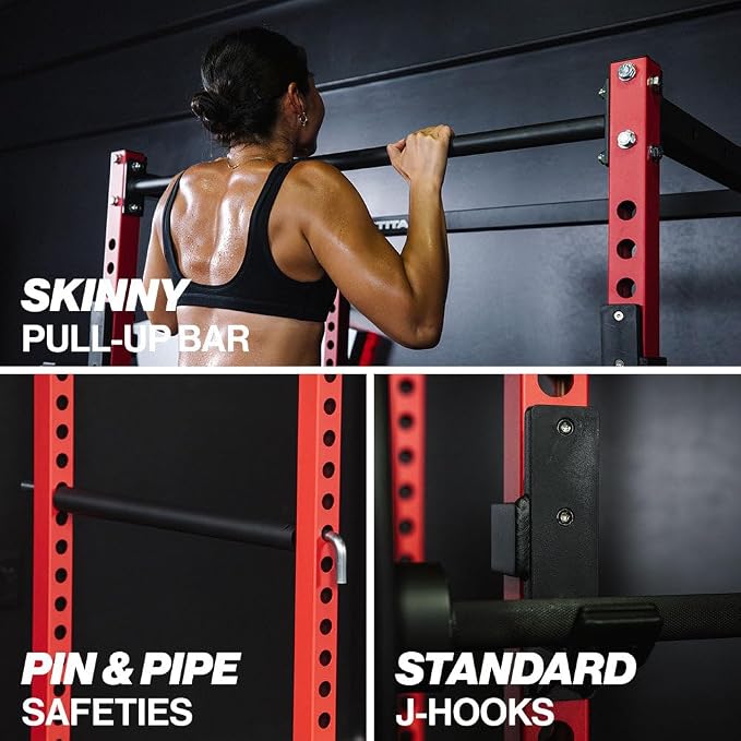 Titan Fitness T-2 Series Short Power Rack, Skinny Pull Up Bar, Pin and Pipe Safeties, Standard J-Hooks, for Home Garage Gym Weightlifting and Strength Training
