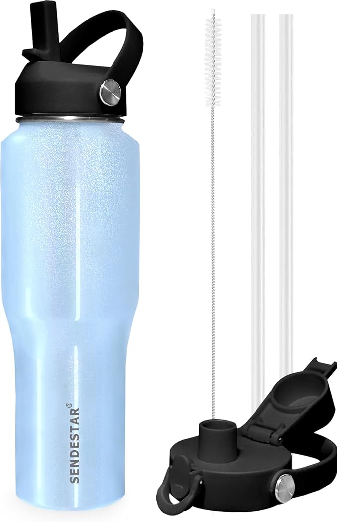 SENDESTAR 32oz Stainless Steel Water Bottle(Cold for 48 Hrs, Hot for 24 Hrs),Double Wall Vacuum Insulated Bottle with Straw Lid, Spout Lid and Flex Cap, Fit in Any Car Cup Holder