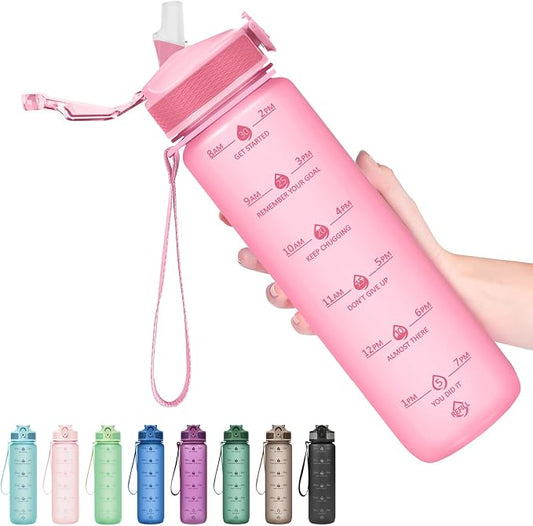 Hyeta Plastic Water Bottle With Straw & Time Marker, 32oz Leakproof Jug | Motivational Tritan BPA Free Gym Office Outdoor Intake Tracker Hourly Reminder Straw Lid Lightweight