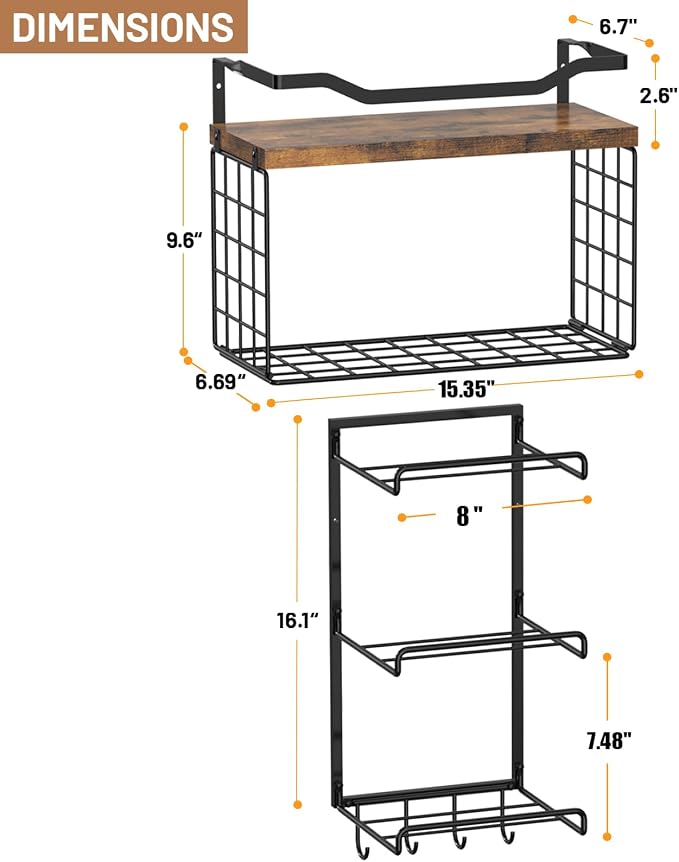 Yoga Mat Holder Wall Mount, Yoga Accessory Mats Storage Rack , Home Gym Accessories Organizer Storage With Wood Floating Shelves, Storage Basket and 4 Hook For Hanging Yoga Strap & Resistance Bands
