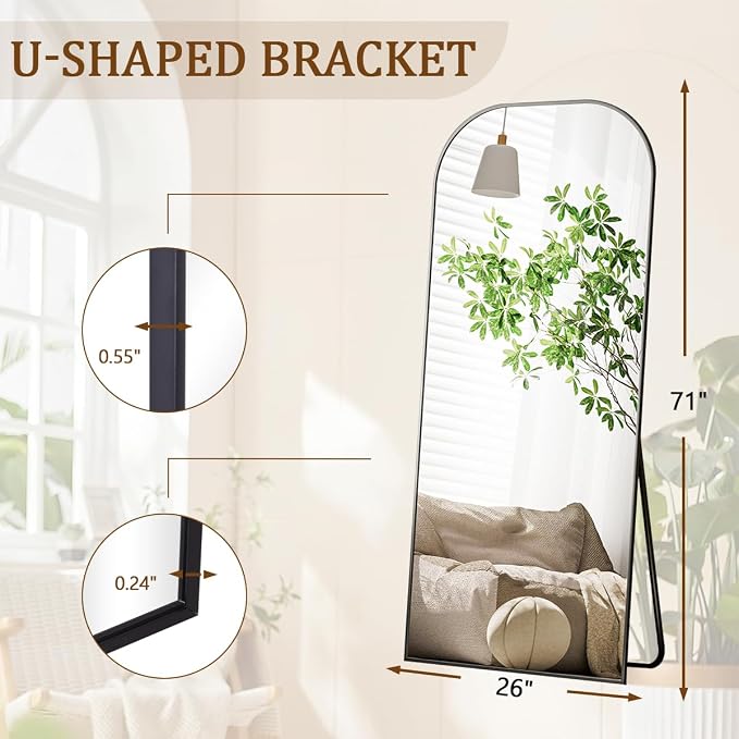 Koonmi Mirror, 71x26 inch Full Length with Stand, Black, Rounded Top, Floor Mount, Aluminum Frame, for Bedroom, Living Room | Domed Top Square-Edged ShatterProof Floor Mirror with Black Aluminum Alloy Frame for Bedroom Living Room Home Gym