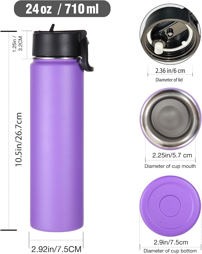 Volhoply 24 Ounce Insulated Water Bottle With Straw Lid,Stainless Steel Wide Mouth Sport Bottles With Handle,Double Wall Vacuum Cups keep Cold,Reusable Travel Thermal Cups For Holder,Gym(Purple,1)