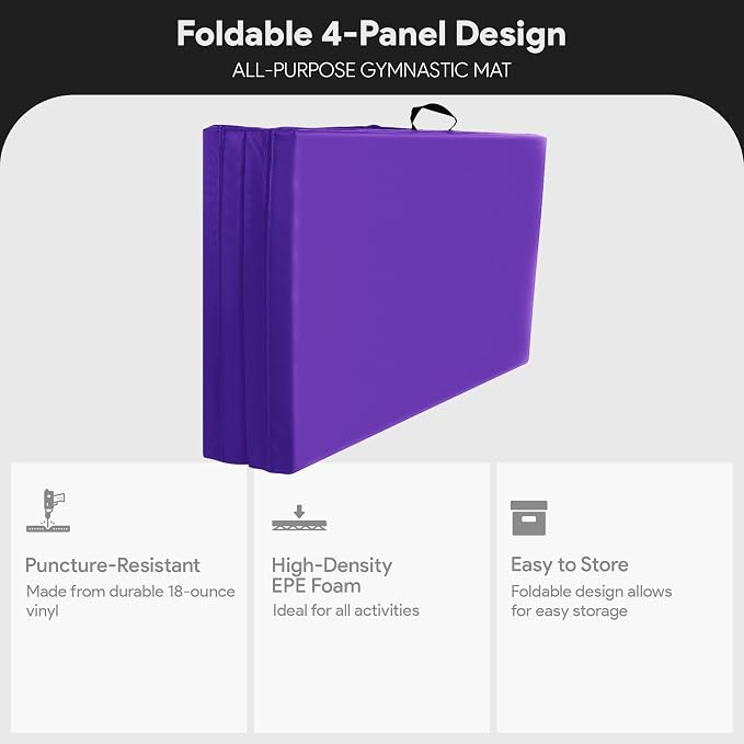 BalanceFrom 10x4 Feet 4-Panel Folding Gymnastics Mat – 2-Inch Thick Pad with Vinyl Surface and Carrying Handles for Tumbling, Yoga, Pilates, Home Workouts, and Martial Arts