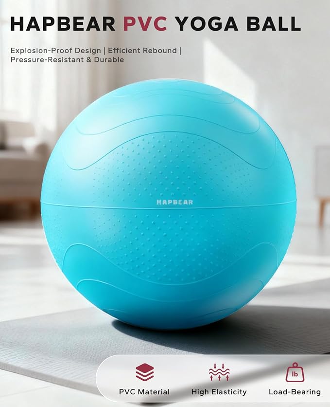 HAPBEAR Exercise Ball- Anti-Burst Slip-Resistant Yoga/Pilates Ball for Core Training & Posture Improvement, Home Gym/Rehab/Pregnancy Ball, Quick Pump & 3 Resistance Bands Included