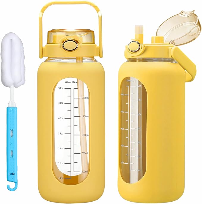 chunmo 42oz/52oz/64oz Glass Water Bolttles with Straw Half Gallon Large Motivational Water Bottle with Time Marker Sports Water Bottles with Silicone Sleeve and Handle Lid Water Jug for Gym Workout