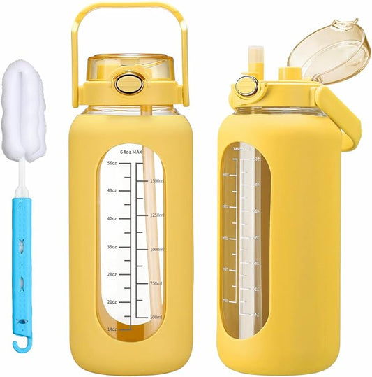 chunmo 42oz/52oz/64oz Glass Water Bolttles with Straw Half Gallon Large Motivational Water Bottle with Time Marker Sports Water Bottles with Silicone Sleeve and Handle Lid Water Jug for Gym Workout