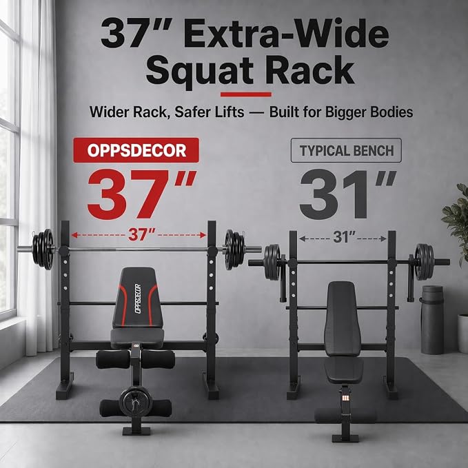 OPPSDECOR Standard Weight Bench Set with Squat Rack, 900LBS Adjustable Bench Press Set with Leg Extension and Leg Curl, Foldable Flat Incline Decline Workout Bench for Home Gym Full Body Training