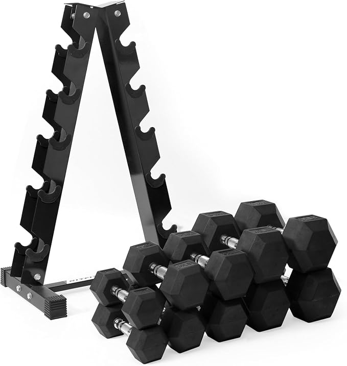 RitFit Rubber Hex Dumbbell Set with Storage Weight Rack | Rubber Heavy-Duty Coated Cast Iron, Knurled Chrome Handle, Space-Saving Storage for Home Gym Strength Training