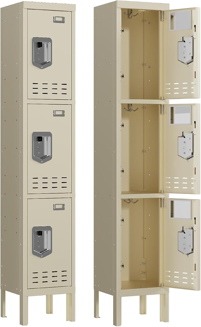 BUTISOW 3 Door Employee Metal Locker w/Card Slot for School Gym Office | Ventilated Metal Steel Locker with Mirror & Multi Hooks for Secure Storage