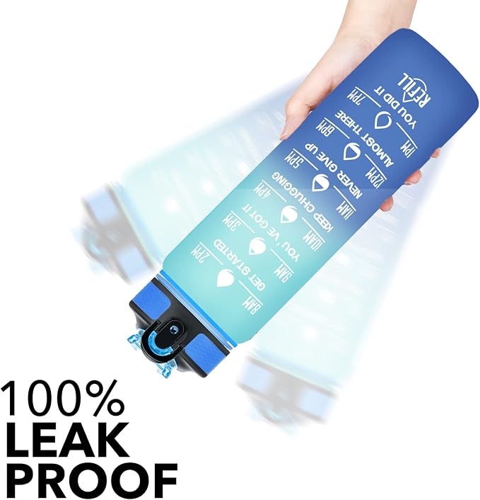 Hyeta Water Bottle with Straw & Time Marker, Plastic 32oz Leakproof | Motivational Tritan BPA Free Gym Office Outdoor Intake Tracker Hourly Reminder Straw Lid Carry Strap