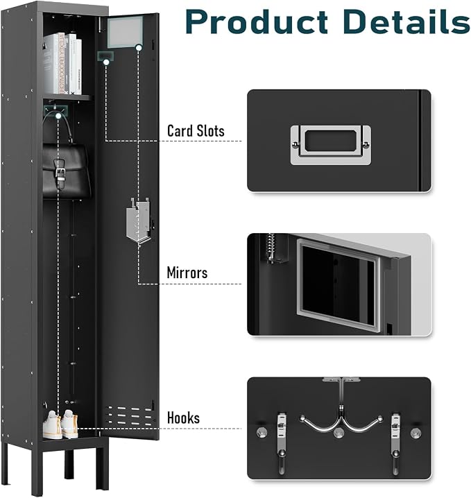 BUTISOW Metal Storage Locker with Lock & Card Slot Locker - Secure Lockable Door - Steel Locker for School, Office, Gym, Home - 66.15" H x 11.8" W x 11.8" D（1 Door, Black）
