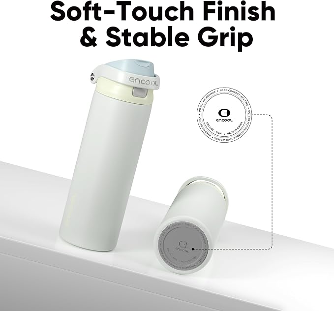 ENCOOL Leakproof Insulated Water Bottle with Straw Dual-Sip Water Bottle Bag-Safe Design for Work, Commute & Gym – Keeps Drinks Cold All Day, 18 oz, Cloud-Hill White
