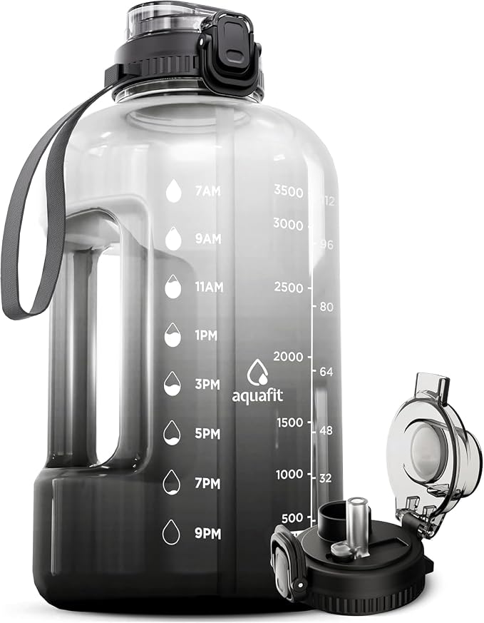 AQUAFIT 1 Gallon Water Bottle with Time Marker, 2in1 Lid | BPA Free 128 oz Water Bottle with 2in1 Straw and Chug Lid - Leakproof Gym Water Bottle with Carry Handle (B Ombre)