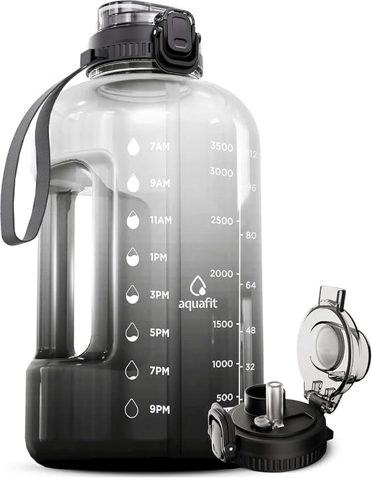 AQUAFIT 1 Gallon Water Bottle with Time Marker, 2in1 Lid | BPA Free 128 oz Water Bottle with 2in1 Straw and Chug Lid - Leakproof Gym Water Bottle with Carry Handle (B Ombre)