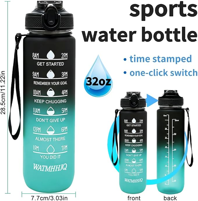 32oz Sports Water Bottle Outdoor, with Drinking Time and Capacity Labels, Sport Water Cups with Straw,BPA Free Leak Proof,for Fitness Gym Running Climbing(Black green)