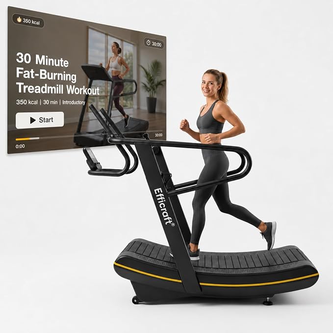 Curved Manual Treadmill, Non Electric Treadmill with 8 Resistance Levels | Self-powered curved treadmill with 8 resistance levels, LED display, rubber belt, phone holder, and transport wheels.